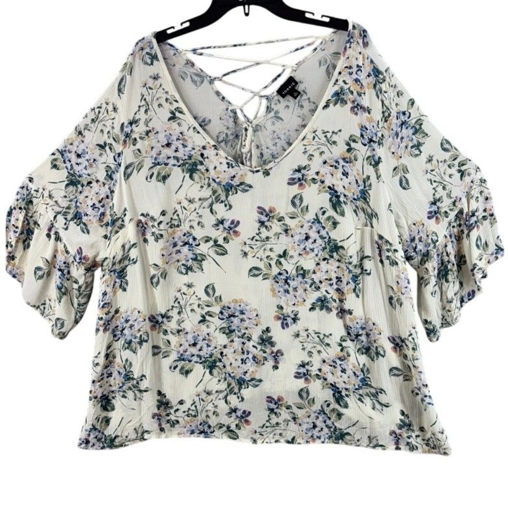 Torrid Shirt Sz 4X Floral Ruffle Sleeve Ivory Lace Up Back Cottagecore